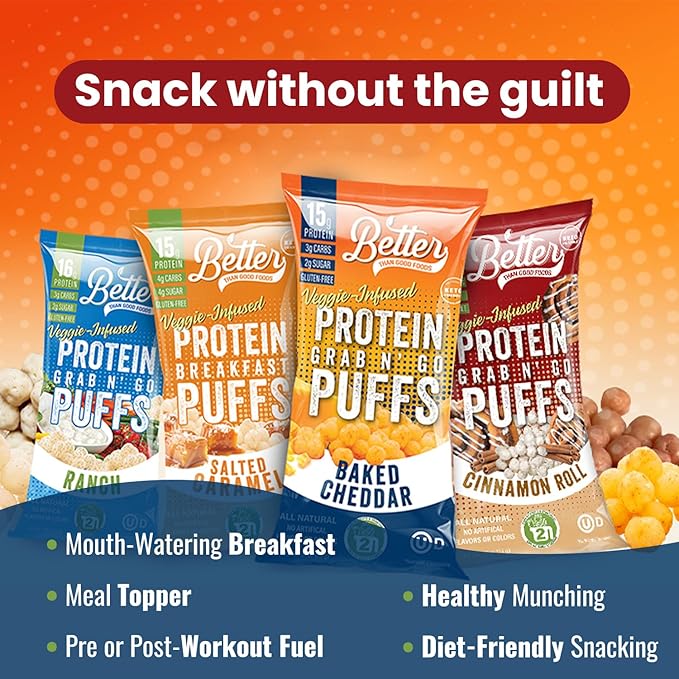 BETTER THAN GOOD Keto Protein Puffs | 16g Protein, 2 Servings of Fruits & Veggies | Paleo, Low Sugar, Low Calories, Gluten Free, Diabetic Friendly Keto Snacks (Full Sampler 9 Pack)