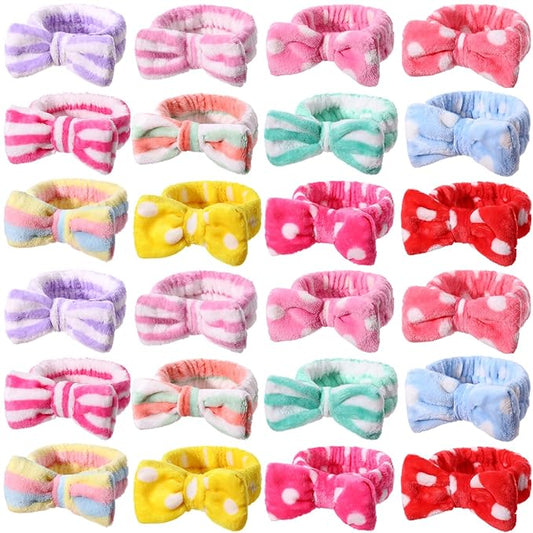 WILLBOND Spa Headband Bow Hairband Facial Makeup Women Face Wash Adjustable Skincare Headbands Flannel Towel Soft Head Wraps for Women Shower Washing Face(Vivid,24 Pieces)