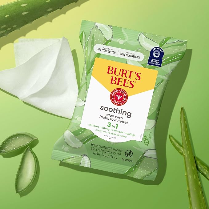 Burt's Bees Stocking Stuffers, Aloe Vera Face Wipes, for Sensitive Skin, Soothing Makeup Remover & Facial Cleansing Towelettes Christmas Gifts, 30 Ct. (3-Pack)