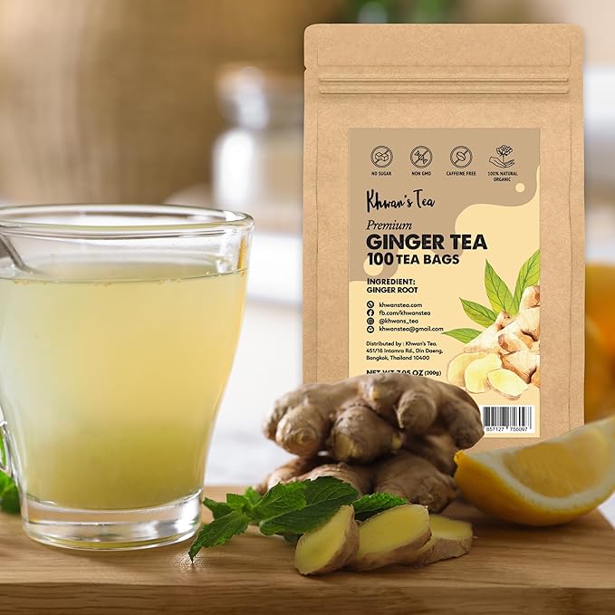 KHWAN’S TEA Ginger Tea Bags - Ginger Root Powder For Herbal Tea Bags, Caffeine Free Tea Bags, Supports Digestion, Soothing & Spicy (2g/Bag)