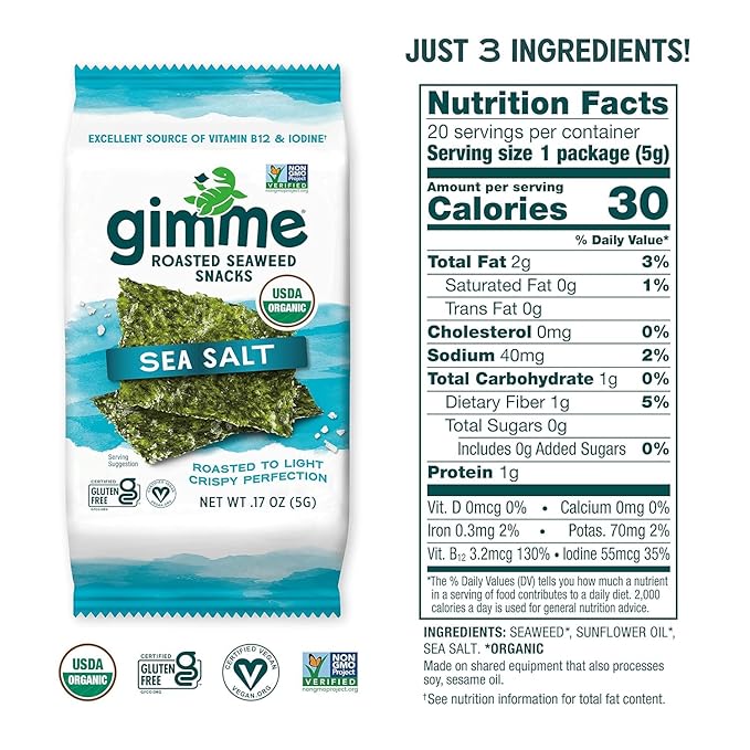 Gimme Seaweed Organic Premium Roasted Seaweed Snacks, Sea Salt, 20 Count, Keto, Vegan, Gluten-Free, Great Source of Omega3s and Iodine, Healthy On-The-Go Snack for Kids and Adults