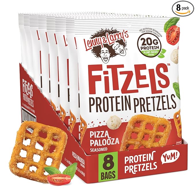 Lenny & Larry's Pizza Palooza FITZELS- Savory Pretzel Snacks Incredibly Tasty High Protein, Salty, Vegan 20 g's of Plant Based Protein 8 (eight) Bags, 3 oz Each