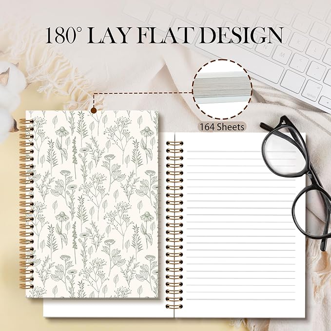 Green Floral Notebook Journal - Floral Journal, Green Floral Flower Spiral Notebook, Flower Aesthetic Notebooks for Women Girls, Vintage Botanical Wildflowers School Office Supplies, 6x8.2In