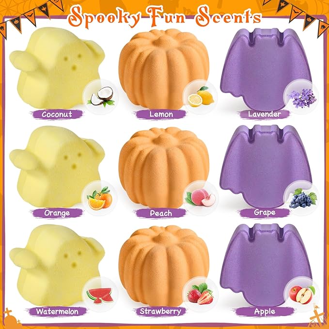 9 Pack Halloween Bath Bombs for Kids, Halloween Bubble Kids Bath Bombs with Surprise Toy Inside, Halloween Treat Bags Gifts for Kids Girls Boys