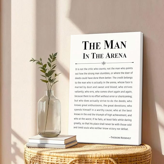 Framed Motivational Wall Decor for Men, The Man in The Arena Office Inspirational Wall Art, Positive Quotes Pictures, Spiritual Canvas Prints, Faith Based Gifts for Living Room, Bedroom 16x24 inch