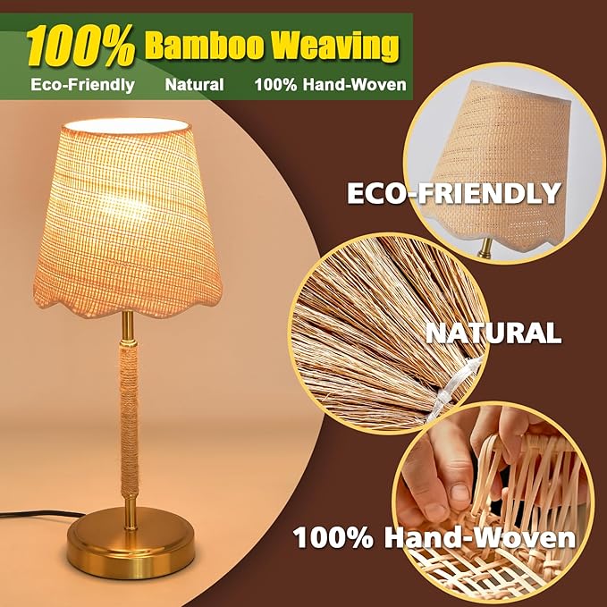 Boho Table Lamp for Bedroom, Touch Control Bedside Table Lamp with Brass Gold Base, Rattan Small Table Lamp for Small Space, Boho Lamp Rattan Lamp, Rustic Desk Lamp for Kitchen Counter, Nightstand