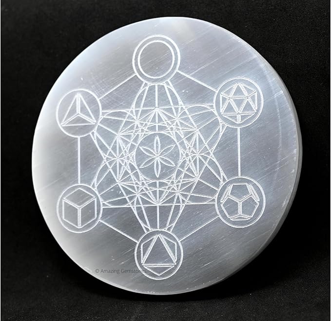 Amazing Gemstone Selenite Crystal Charging Plate For Crystals And Healing Stones, 3" Selenite Crystal Plate Engraved Metatron Platonic Solid Coaster For Home, Office Table Decor (Selenite Round Disc)