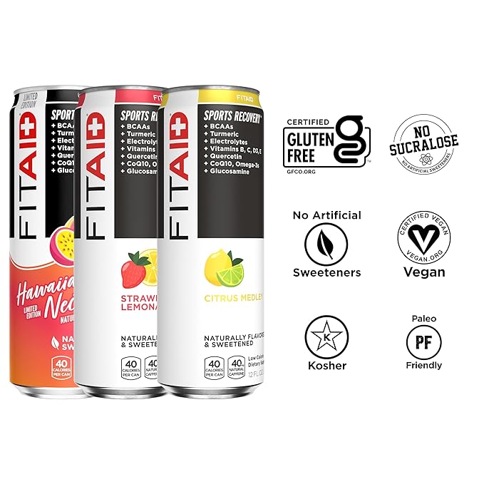 FITAID Recovery Blend, Variety Pack, BCAAs, Glucosamine, Electrolytes, Omega-3s, Green Tea, 100% Clean, Paleo, Vegan & Gluten-Free, Naturally Sweetened & Flavored, 12-oz. cans (Pack of 12)