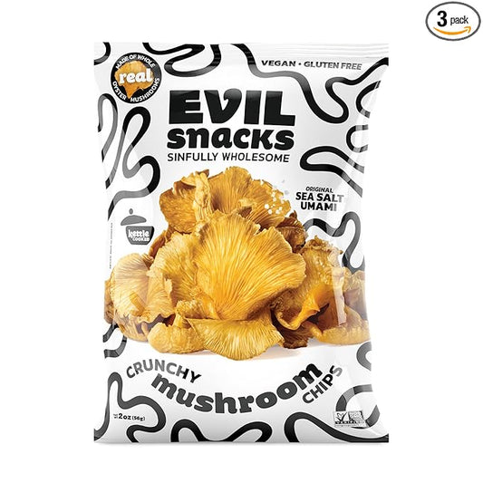 EVIL SNACKS Crunchy Mushroom Chips - Original, Non-GMO Project Verified, Plant-Based, Vegan, Gluten-Free - Nutrient-Packed, On-the-Go Snack - 2 Oz (3 Pack)