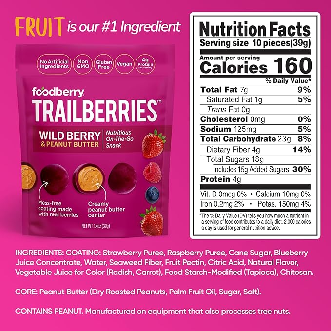 Foodberry Peanut Butter Trailberries, Nutritious Snack, Delicious Bites of Creamy Peanut Butter Coated in Real Fruit (Like Softer Fruit Leather), 4g Protein, 4g Fiber, Pack of 6