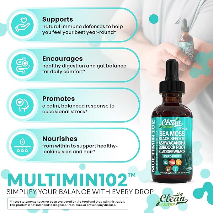 Clean Nutraceuticals Sea Moss Drops Supplement Liquid with Black Seed Oil Ashwagandha Burdock Root & Bladderwrack - Multimineral Organic Non-GMO Vegan for Gut Heath Skin Immune Support Hair (2)