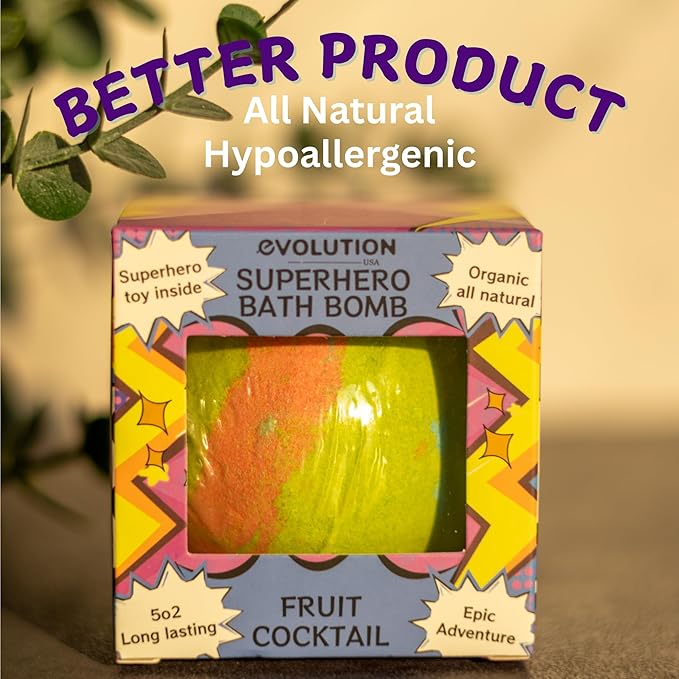 EvolutionUSA 1pc Epic Superhero Bath Bombs for Kids, Super Hero Bath Bomb with Toy Inside, Lush Children Bathbomb, Organic Bathbomb with Surprise Inside, Fizzy Fun Superhero Bath Ball Bath Toy