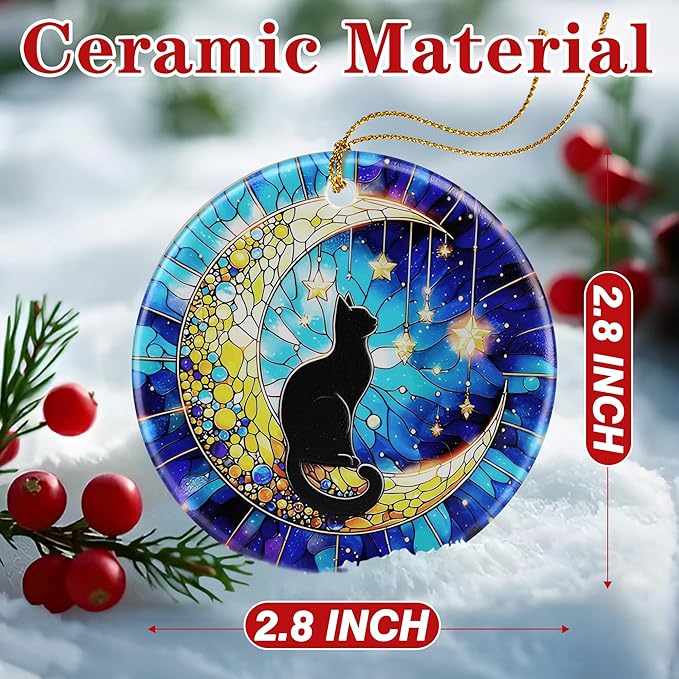 Black Cat Ornament – Christmas Decoration & Christmas Ornament; Round Ceramic (Holiday Present, Bauble Present, Gift Idea, and Gift Exchange) | Heirloom Keepsake