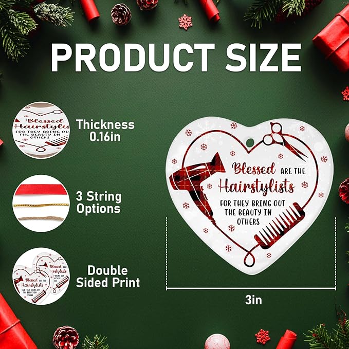 34HD Gifts for Christmas, Hairstylist Christmas Ornament Heart-Shaped Ceramic 2-Side Printed, Hairstylist Gifts Women, Christmas Decorations for Trees