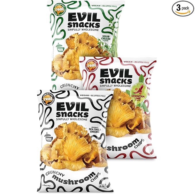 EVIL SNACKS Crunchy Mushroom Chips - VARIETY PACK, Non-GMO Project Verified, Plant-Based, Vegan - Nutrient-Packed, On-the-Go Snack - 2 Oz (3 Pack)