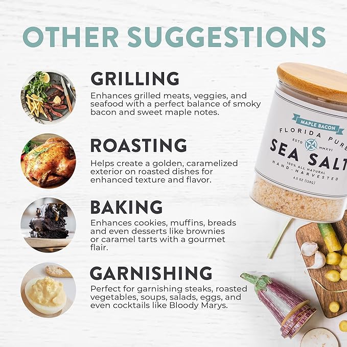 FLORIDA PURE Maple Bacon Sea Salt - Smoky, 80+ Mineral Salt, Natural, Unrefined, Non Iodized - for Baking, Cooking, Seasoning & Enhancing Taste - Flaky Sea Salt (4.5 oz Jar)