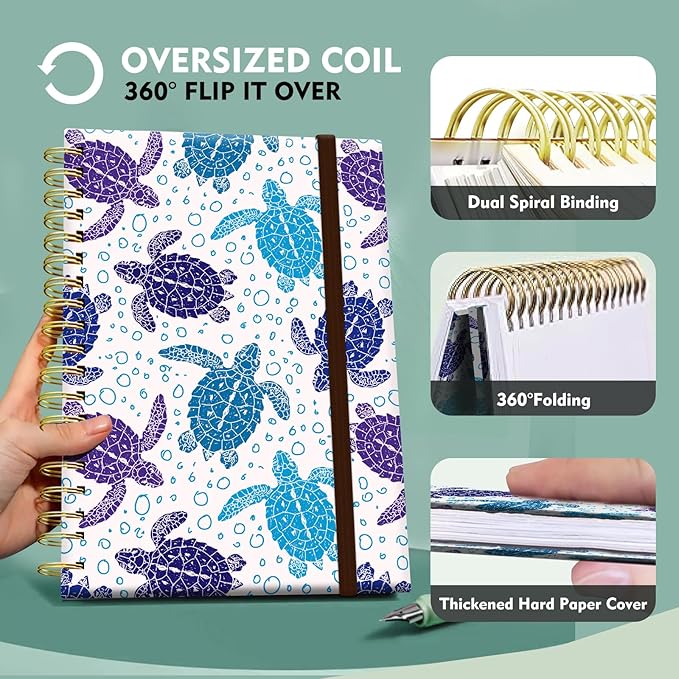 Cute Spiral Notebook, Journal for Women, Hardcover Spiral Journal, 5.5 x 8.3 Inches, 120 Pages,100gsm Paper, for Gifts Nurse Teacher Women Office Supplies(Cute turtle)
