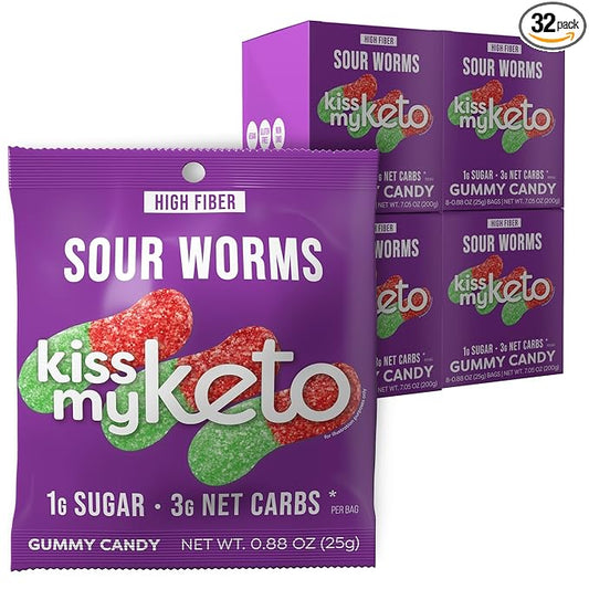 Kiss My Keto Sour Gummy Worms, 32-Pack – Satisfy Cravings while Staying in Ketosis – High Fiber, 3g Net Carbs, Non-GMO, Vegan, & No Gluten – Fruity Sugar Free Gummies