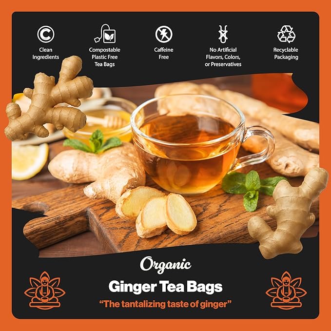 Buddha Teas - Organic Ginger Root Tea Bags - For Health & Wellbeing - With Antioxidants & Minerals - Clean Ingredients - Caffeine Free - OU Kosher & Non-GMO - 100 Non-String Tea Bags (Pack of 1)