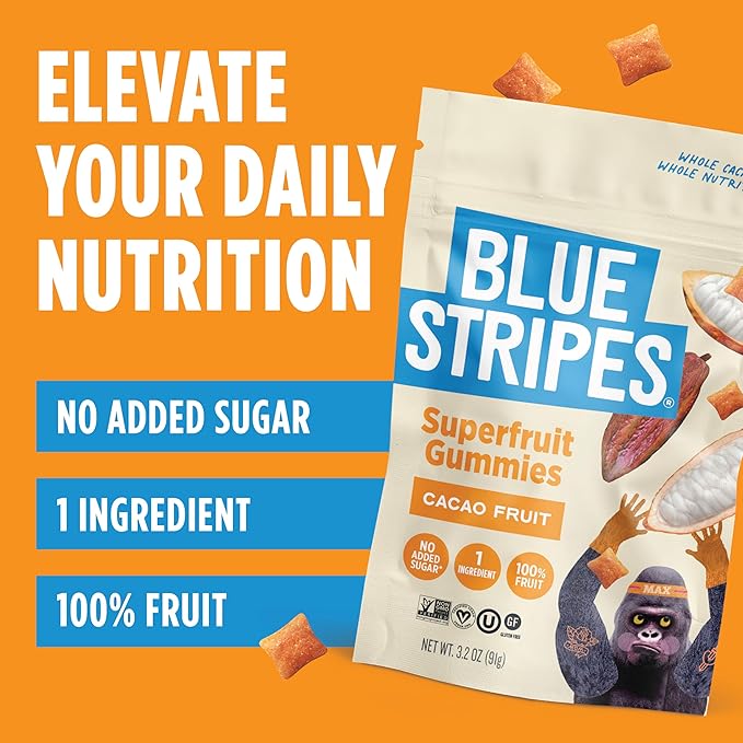Blue Stripes Cacao Superfruit Gummies - Vegan Chewy Fruity Snack, No Sugar Added 100% Fruit Gummy, 9 Essential Vitamins & Minerals, Natural Tropical Superfood, Use on Granola, Yogurt - 3.2 oz (2 Pack)