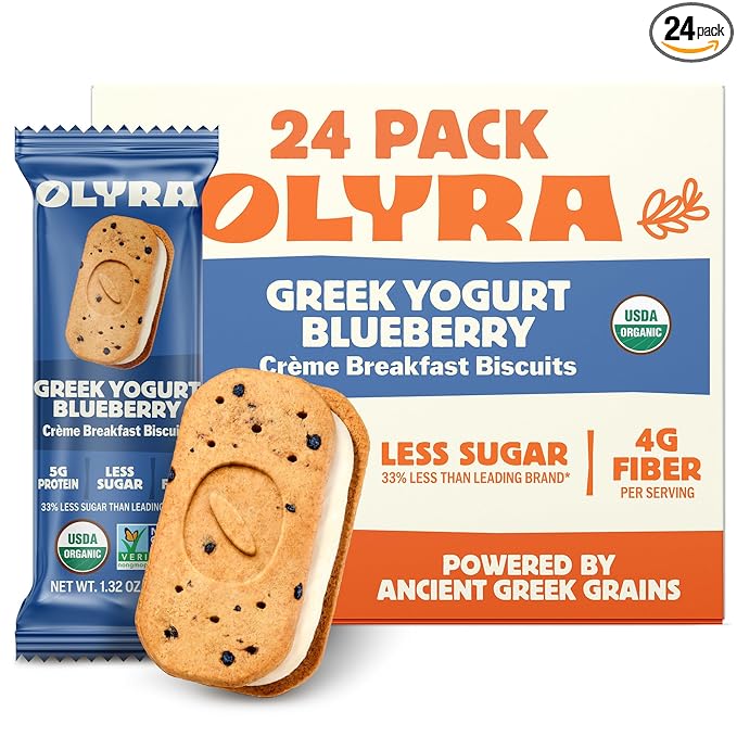 Olyra Greek Yogurt Blueberry Sandwich Breakfast Biscuits, Healthy Snacks for Adults and Kids, Low Sugar, High Fiber, Organic Cookies, USDA Certified Organic, Non GMO, 24 Packs