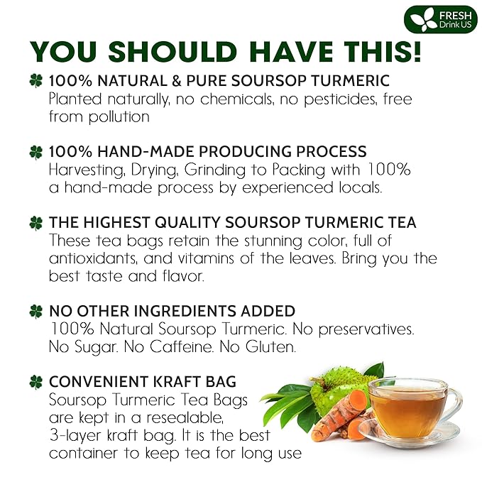 FreshDrinkUS, Premium 25 Tea Bags Soursop Turmeric, 100% Natural, Blend of Soursop Leaves, and Turmeric Root. Made with Natural Material Tea Bags. No Sugar, Vegan.