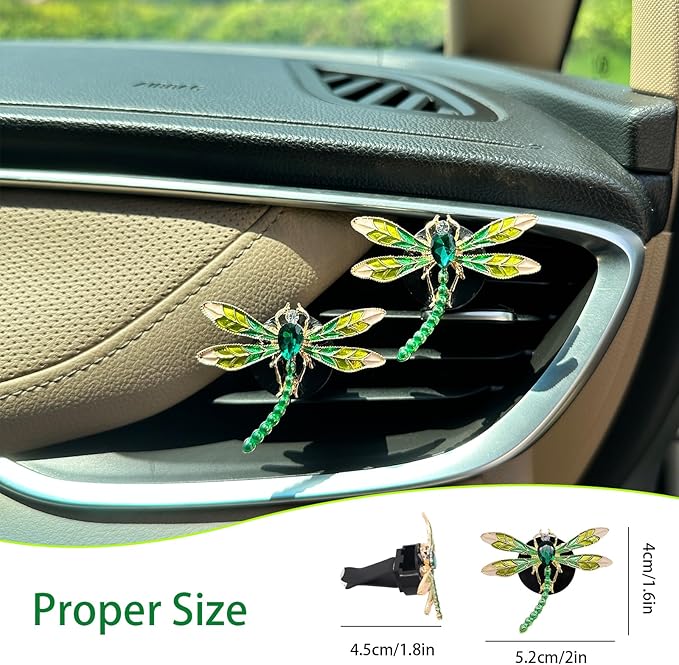 Dragonfly Car Decor,2pcs Bling Dragonfly Air Freshener Vent Clips,Cute Car Accessories,Refillable Car Diffuser, Glamorous Green Decor