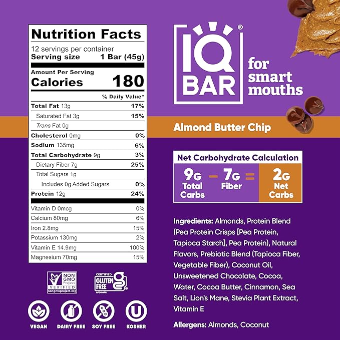 IQBAR Brain and Body Plant Protein Bars - Almond Butter Chip - 12-Count - Keto, Vegan, Low Carb, High Fiber, Gluten Free, Dairy Free, Low Sugar Snack with Nutrients for Focus, Energy, Meal Replacement