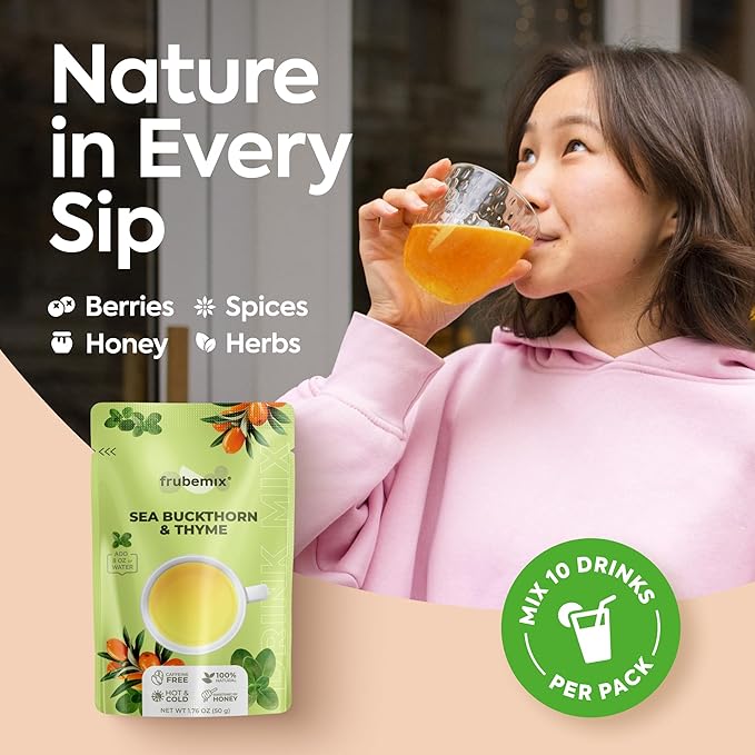 Frubemix Sea Buckthorn & Thyme – Honey Sweetened, Purée-Based Drink Mix | No Artificial Flavors | Sparkling Refreshers, Cocktails & Mocktails | Hot or Iced (10 Count)