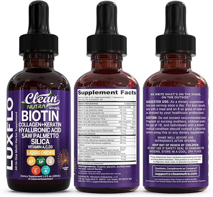 Biotin Liquid Drops Collagen Keratin Hyaluronic Acid Saw Palmetto for Hair Skin and Nails Silica Vitamin A C Vitamin D Bamboo Turmeric Zinc Folate Magnesium Horsetail LuxGlo by Clean Nutra - 2Pack