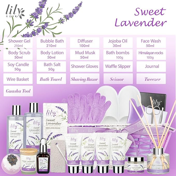 Christmas Gifts for Women - 22-Piece Luxury Lavender Bath and Body Gift Basket Set for Women, Spa Gift Basket with Bath Bomb, Diffuser | Self Care Mothers Day Birthday Gifts for Her, Bridal Shower