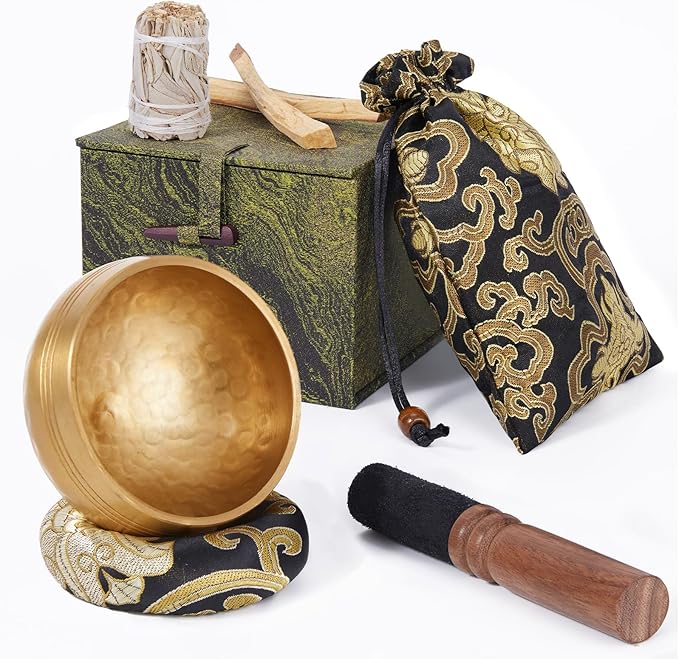 Tibetan Singing Bowl Set (3.15 Inch, copper) - Hand-Hammered, Perfect for Sound Bath, Yoga & Meditation Stress Relief, Comes with Gift Box, Free Palo Santo Wood + California White Sage