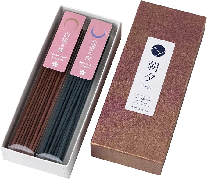Asayu Japan Low Smoke Incense Sticks - Sakura Set (Sakura-Sandalwood & Sakura-Agarwood), 40gr (Each Scent 20g), for Yoga, Zen Meditation and Relaxation - Smokeless for Less Irritation