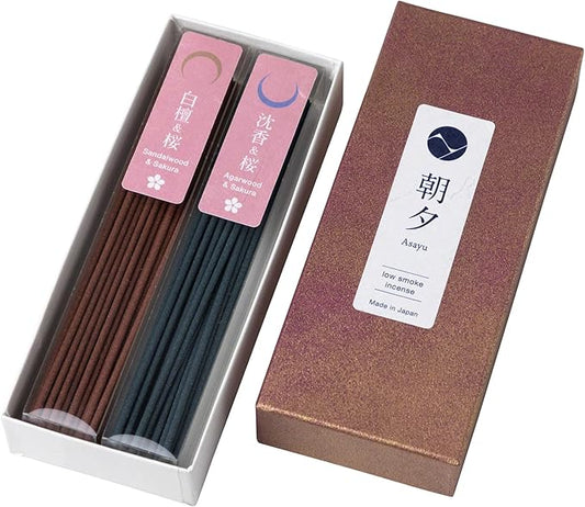 Asayu Japan Low Smoke Incense Sticks - Sakura Set (Sakura-Sandalwood & Sakura-Agarwood), 40gr (Each Scent 20g), for Yoga, Zen Meditation and Relaxation - Smokeless for Less Irritation