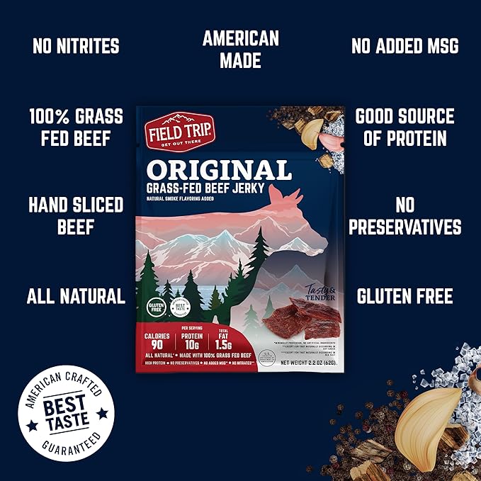 Field Trip Grass Fed Beef Jerky, Healthy Gluten Free Snacks, All Natural, High Protein Snack with No Nitrates, 2.2 Ounce Bag, 4 Pack, Original