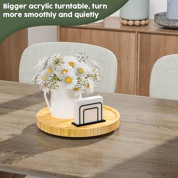 Lazy Susan Organizer, 9 Inch Non-Skid Bamboo Lazy Susan for Table Storage Napkin Holder Vase, Wood Turntable for Kitchen Countertop Organizer