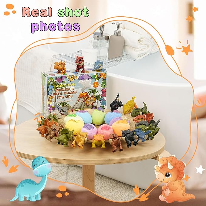 Dinosaur Bath Bomb Set for Kids – 9 Handmade Fizzing Bombs with Surprise Toys + 3 Bonus Toys, Gift Set for Birthday Party, Christmas, Children's Day, Unique Gift Ideas for Boys & Girls