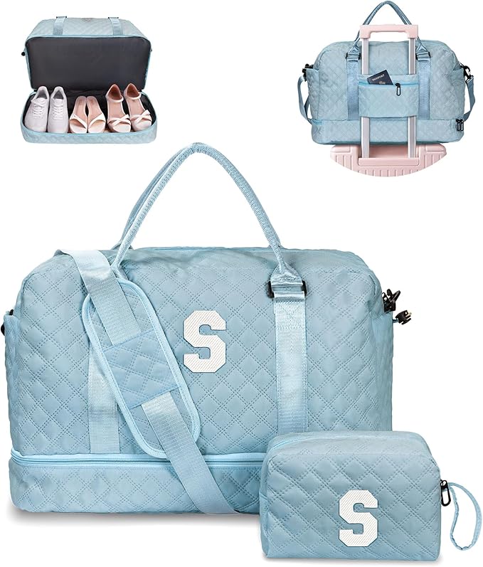 Gifts for Granddaughter-Initial Duffle Bag with Shoe Compartment, Personalized Weekender Bag, Monogram Overnight Bag, Letter Travel Bag with Makeup Bag，Daughter Friend Gifts (Letter S)