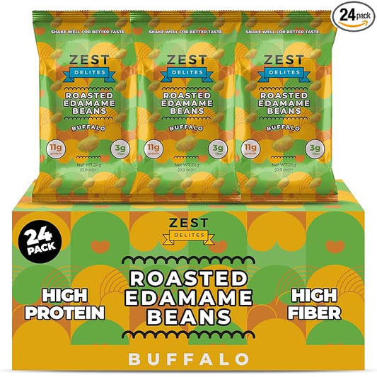 Crunchy Dry Roasted Edamame Beans Snack by Zest Delites, Buffalo, Vegan, Low Calorie (100cal) High Protein Snacks (11g), Low Carb, Keto, Gluten Free, 0.9 oz 24 Packs