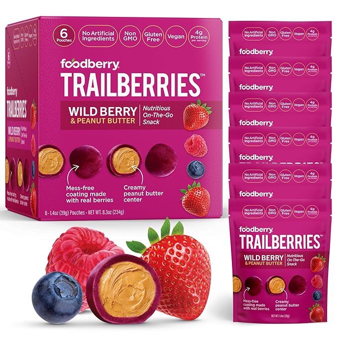 Foodberry Peanut Butter Trailberries, Nutritious Snack, Delicious Bites of Creamy Peanut Butter Coated in Real Fruit (Like Softer Fruit Leather), 4g Protein, 4g Fiber, Pack of 6
