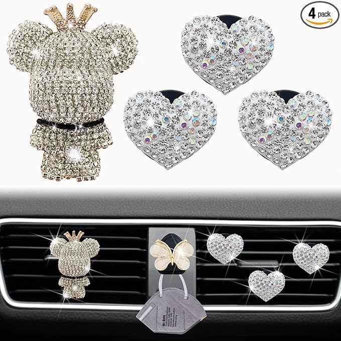 Heart & Bear 4 Pcs Bling Heart Air Vent Clips, Diamond Car Diffuser, Car Interior Decor + Cute Butterfly Mask Hook