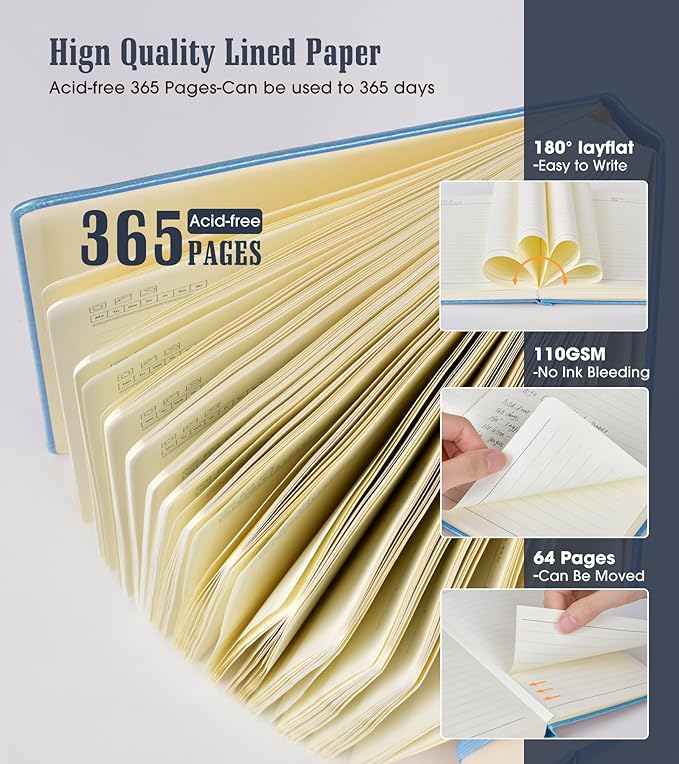 Lined Journal Notebook, 365 Pages B5 Large Hardcover Leather Journal for Women Men, College Ruled, 100Gsm Thick Paper (7.6'' X 10'' Blue)