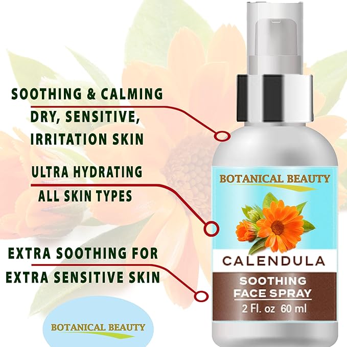 Botanical Beauty Calendula Face Spray - Soothing, Hydrating Mist for Sensitive Skin, Face & Body - 100% Natural, Unscented, Vegan - Eczema, Acne, Dry Skin Relief 2 Fl Oz - 60 ml.