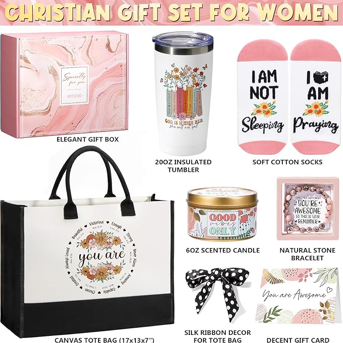Christian Gifts for Women Faith Inspirational Religious Gift Basket, Catholic Spiritual Gift Unique Christmas Birthday Gifts for Women Mom Sister Best Friends Grandma Wife Coworker w/Canvas Tote Bag