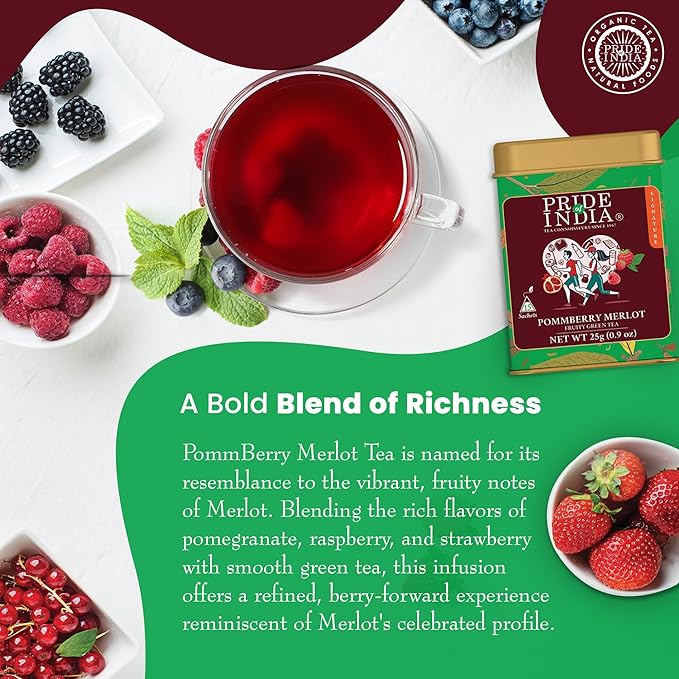 Pride of India | PommBerry Merlot Fruity Green Tea | 15 Pyramid Full Leaf Individually Wrapped Tea Bags | Tangy & Fruity Flavor | Vibrant & Uplifting Experience | Caffeine Free, Non-Bioengineered