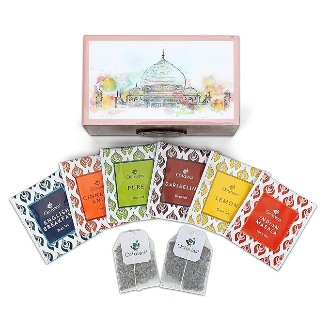 Octavius Assorted Tea Gift Set | 6 Assorted Black & Green Teas | 30 Teabags | Wooden Tea Sampler Pack w/Taj Print Design | Pack of 1