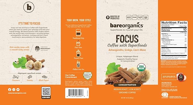 Focus Coffee with Superfoods - Organic Probiotic Mushroom Ground Bagged Coffee, Supports Healthy Focus & Digestion, Infused with Ashwagandha, Lion's Mane, and Cinnamon, USDA Certified Organic 10 oz