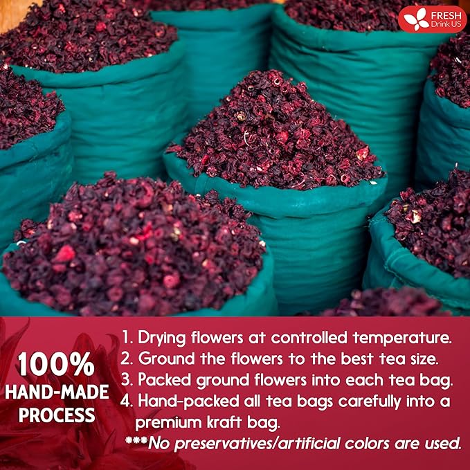 FreshDrinkUS, Premium 10 Hibiscus Flowers Tea Bags, 100% Natural, Pure from Hibiscus Flowers. Loose Flower Hibiscus Herbal Tea. Hibiscus Flower Tea. No Sugar, No Caffeine, No Gluten, Vegan.