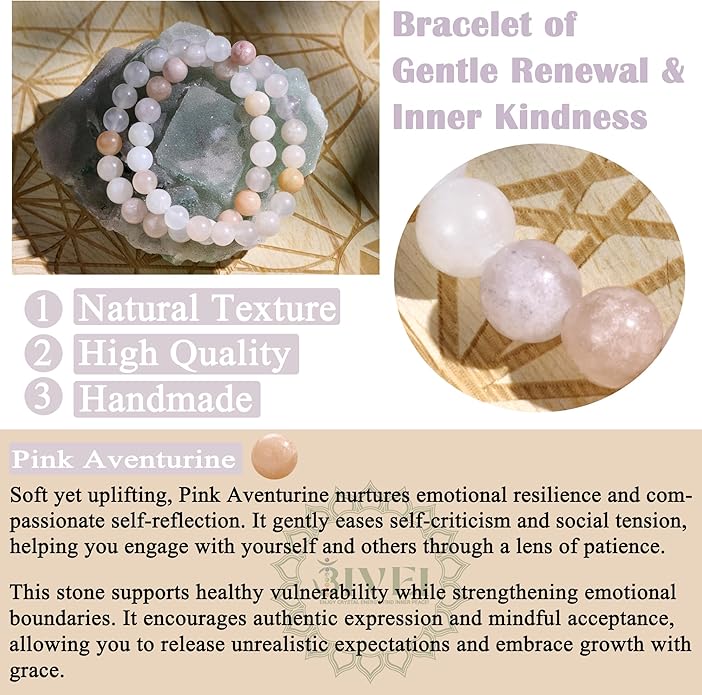 Bivei Natural Gemstone Semi Precious Healing Crystals Handmade Stretchy Round Beads Bracelet, Enhance Positive Energy