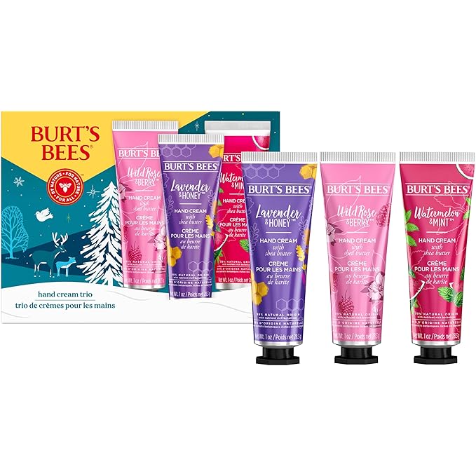 Burt's Bees Christmas Gifts, 3 Body Skincare Stocking Stuffers, Shea Butter Hand Cream Trio Set - Lavender Honey, Watermelon Mint & Wild Rose Berry (3-Pack)